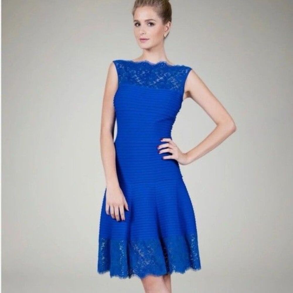 Tadashi Shoji Womens S Pintuck Jersey Boatneck Dress w/ Sheer Lace A-Line Stretc